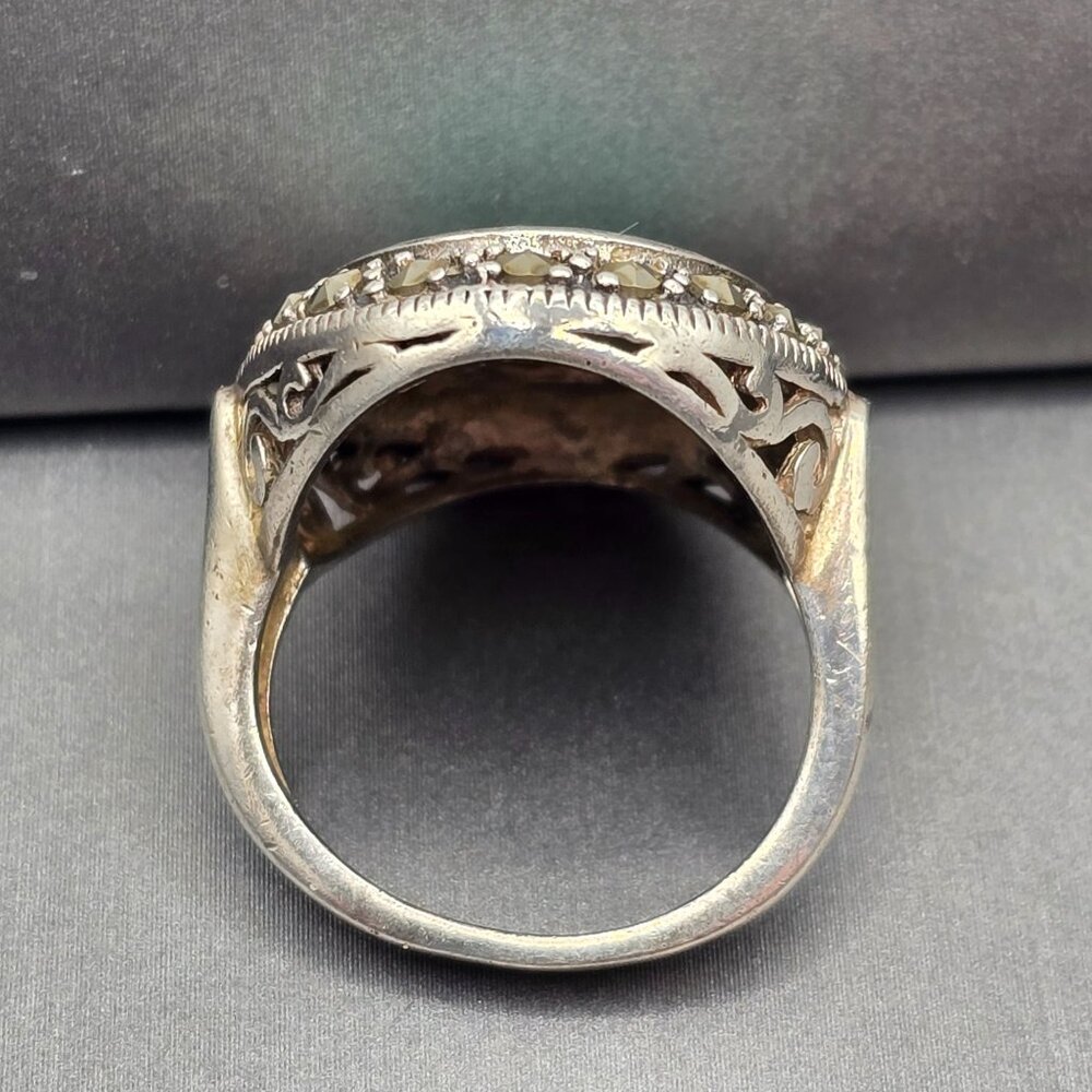 VTG 925 Sterling Silver Turquoise & Marcasite Ring Size 6.5 Signed Filigree - Picture 3 of 11